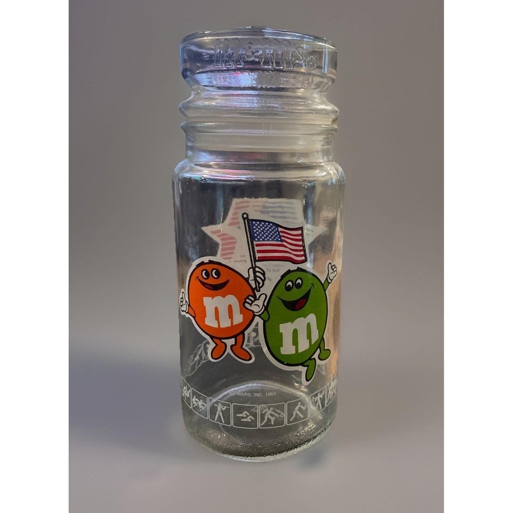RARE Olympics M&M's Candy Glass Jar Canister &‎ Lid Vintage 1980s